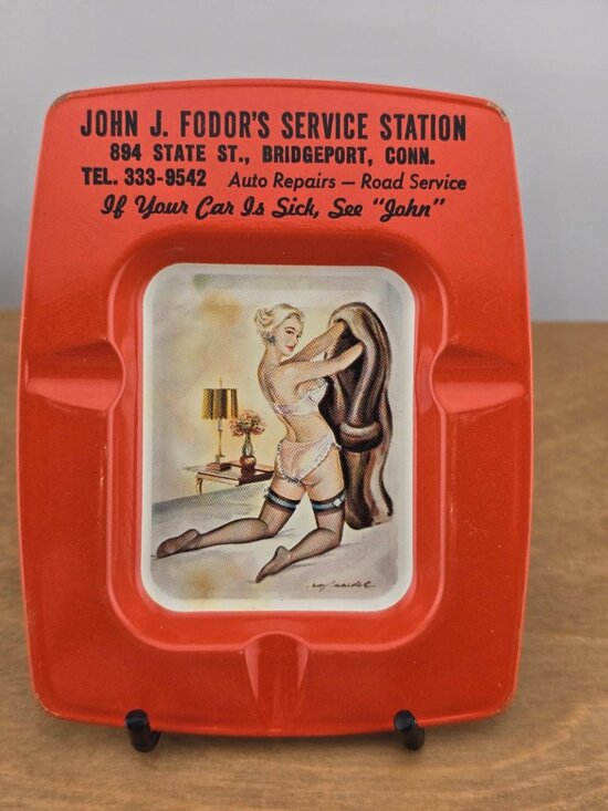 John J. Fodor's Service Station Other - 1960s Tin Pin-up Glamour Girl Bar Ashtray, Mid-Century Risque Bridgeport
